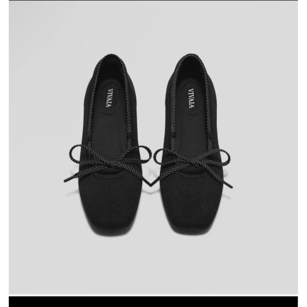 Vivaia Miley Black Square Toe Knit Ballet Flats Lace Up Shoes EU/39.5 US/8.5
